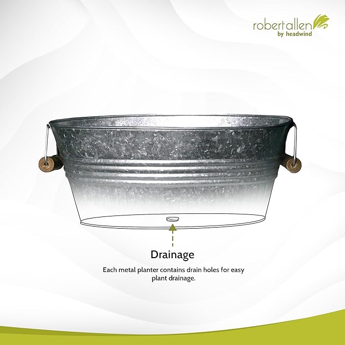 Headwind Vintage Collection 14-Inch Oval Galvanized Tub with Handles – Metal Wash Basin Planter - Galvanized Metal Tub for Indoor & Outdoor Use by Robert Allen
