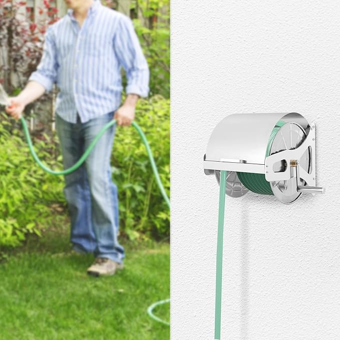 Retractable Garden Hose Reel， Available Hose Length 164.04-Ft， Wall Mounted Hose Reel, Garden Hose Reel，For Watering Lawns and Flowers, Washing Cars