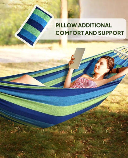 Chihee Hammock for Stand 9.8ft x 4.9ft Soft Cotton Hammock Holds Up to 660lbs Portable Tree Hammocks with Detachable Spreader Bar Pillow 2 Strong Webbings 2 Carabiners Patio Garden Indoor Outdoor
