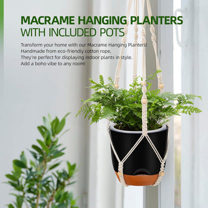 2-Pack 7.2-Inch Self-Watering Hanging Planters for Indoor & Outdoor Plants,34-Inch macrame hanger plant pots indoor with drainage,Small Hanging Planters & Baskets in Black,With two sets of hooks