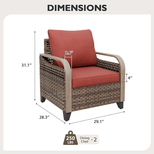 EAGLE PEAK Modern Wicker Outdoor Chair, Patio Chair Curved Armrest, Rattan Patio Furniture for Yard Deck Porch Garden, 2 Chairs, Brown/Red