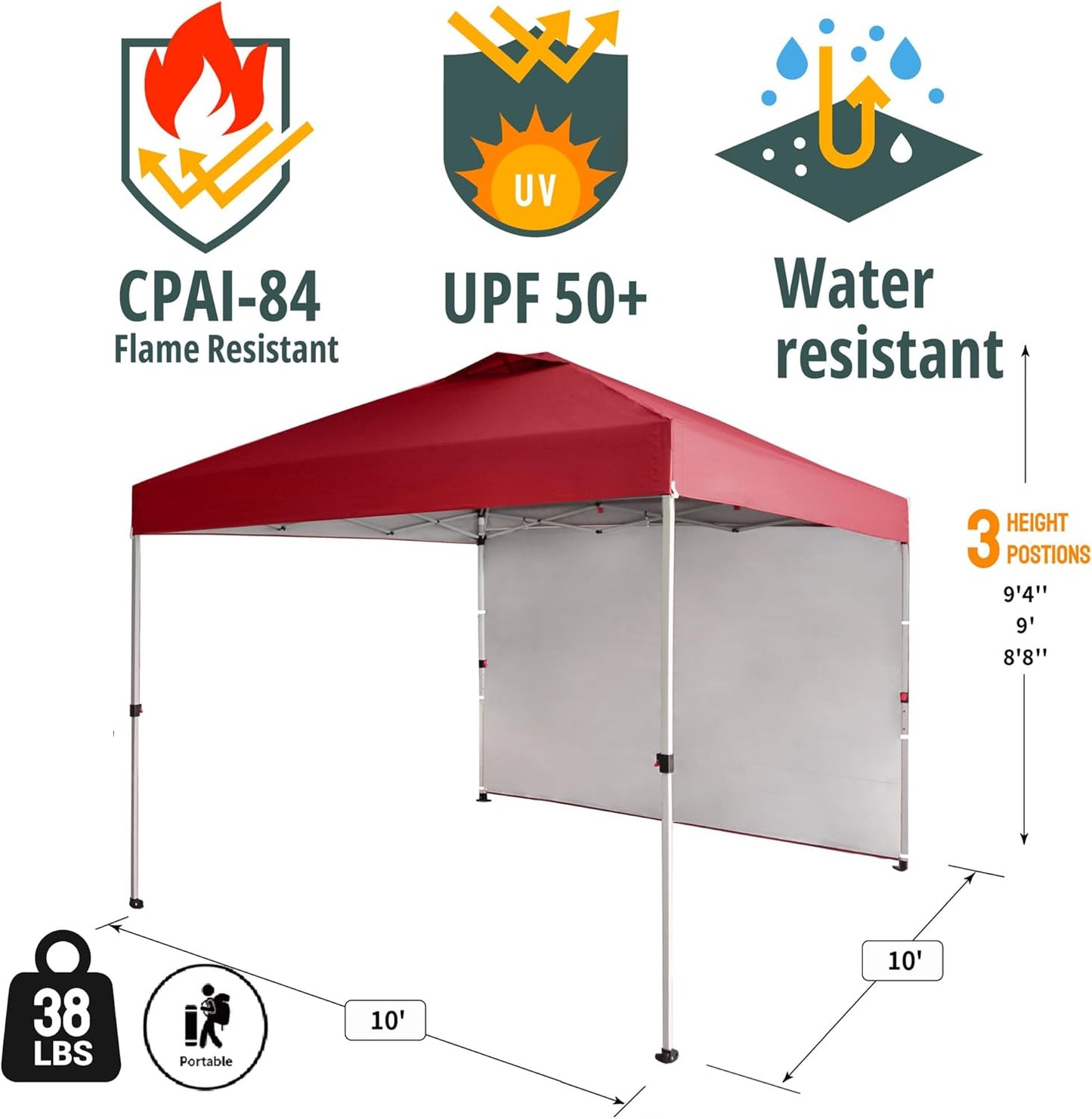 CROWN SHADES 10x10 Pop Up Canopy with 1 Side Wall - Beach Tent with One Push Setup - Outdoor Sun Shade for Events, Parties, Camping - Gazebo with STO-N-Go Cover Bag (Red)