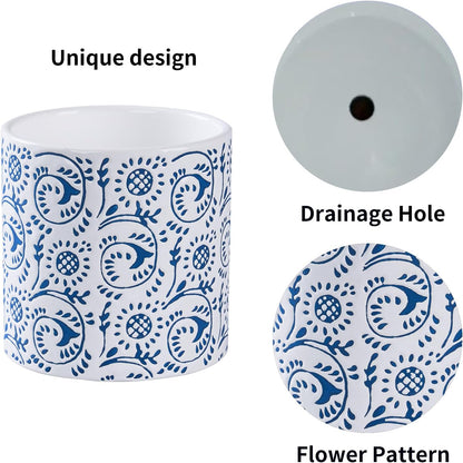 Ceramic Plant Pot for Indoor Plants, 4.7 Inch Blue & White Floral Porcelain Ceramic Decorative Flower Pot with Drainage Holes, Modern Planter for Home & Office Decor