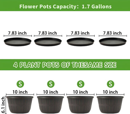 Quarut 10 inch Plastic Flower Pots for Outdoor Plants，4 Pack Large Outdoor Planter Pot with Drainage Holes & Saucers，Imitation Wine Barrel Design，for Indoor Outdoor Garden Plants（Brown）