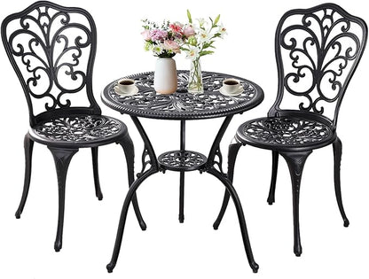 Patio Bistro Set 3 Piece Outdoor,Cast Aluminum Outdoor Bistro Table and Chair Set of 2 with 1.97" Umbrella Hole,All Weather Bistro Table Set for Front Porch Set(Butterfly Black)