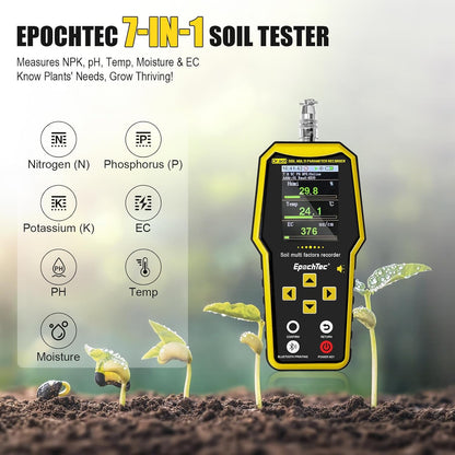 7 in 1 Soil Tester, ±1% High Precision Digital NPK Tester/Soil Moisture Meter/PH Tester/Temperature/EC Monitor for Agriculture, Plant Cultivation, Geological Survey with Data Storage & Export