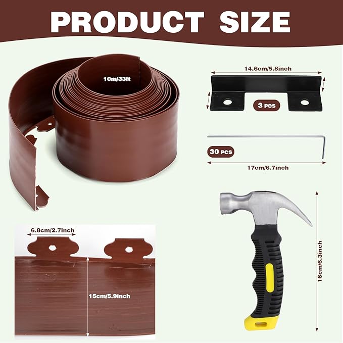 6 Inch Tall 33 ft Length Landscape Plastic Edging Kit with Hammer Spikes Plastic Garden Flower Bed Edging Landscape Border for Gardens Border Grass Yard Lawn (Brown)