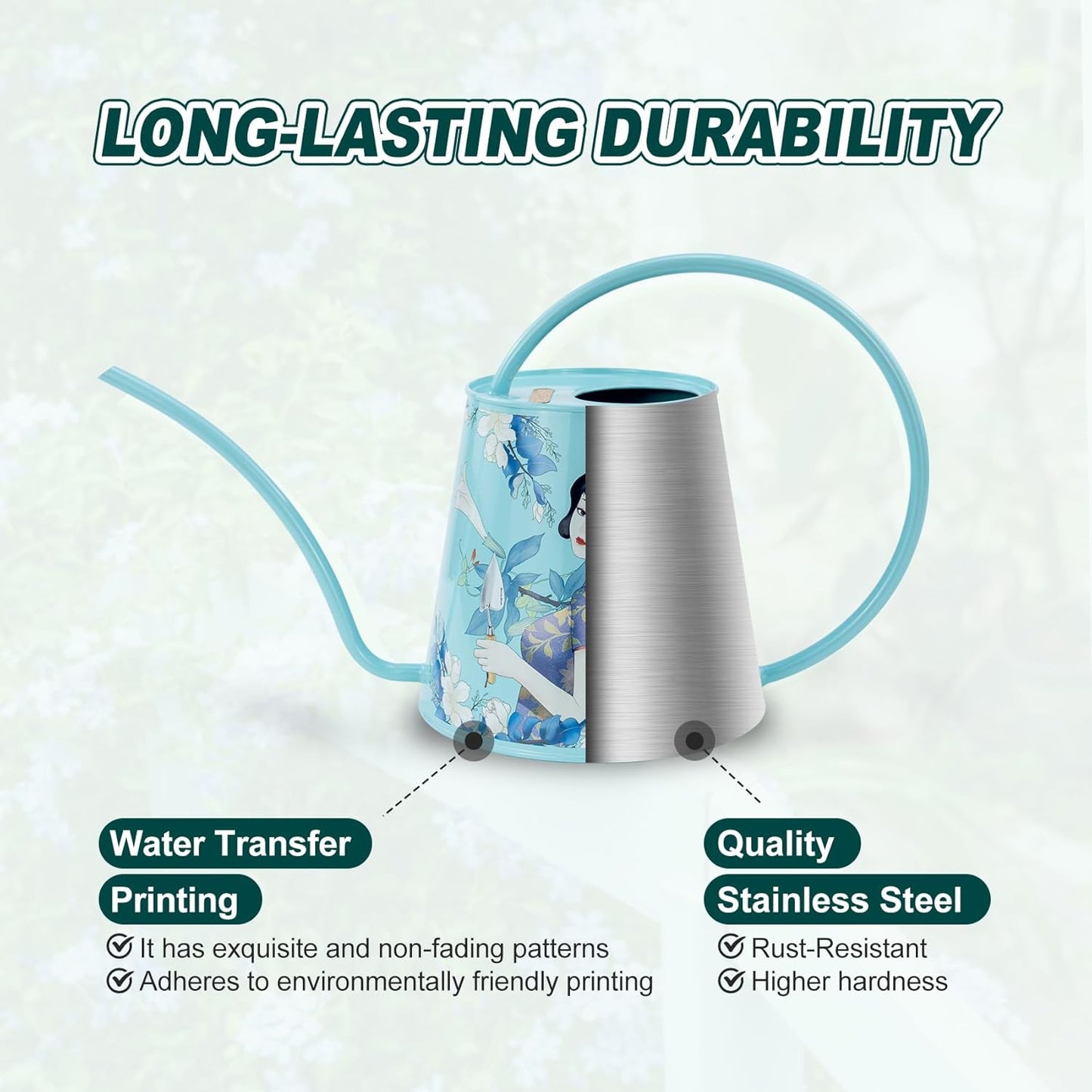 Berry&Bird House Plants Watering Can - Indoor & Outdoor 1/2 Gallon Stainless Steel Water Can with Long Spout Garden Decoration for Flower Bonsai Succulent Gardening Large Water Bottle (2L, Magnolia)