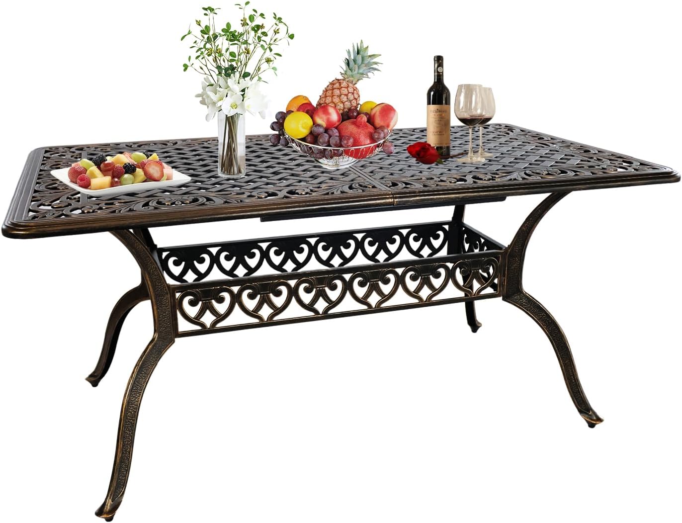 60" Rectangular Patio Dining Tables for 6 Person Cast Aluminum Round PatioTable with 2.5" Umbrella Hole, Wrought Iron Patio Bistro Table Metal Outdoor Bistro Dining Table for Garden,Bronze