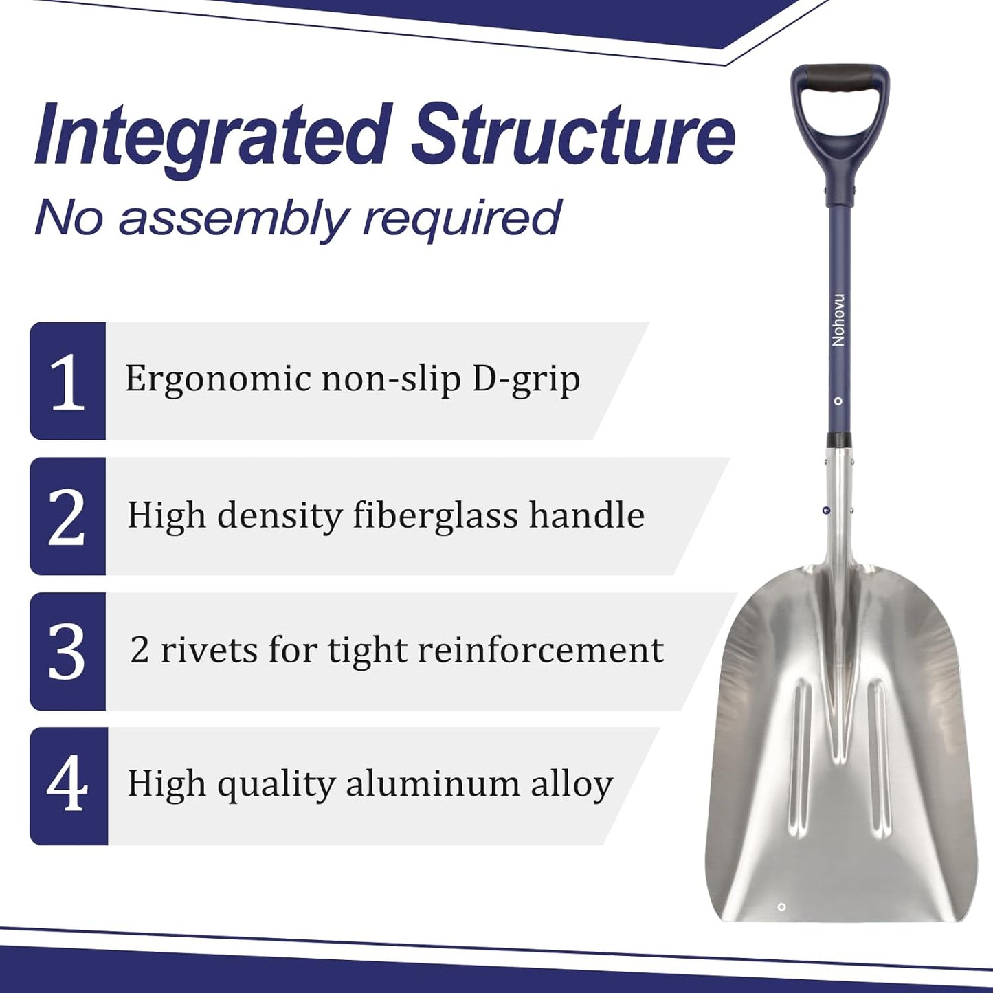 Aluminum Snow Shovel - Large Capacity Driveway Snow Removal Tool, Fiberglass D-Handle, 45 Inch Blade