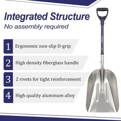 Aluminum Snow Shovel - Large Capacity Driveway Snow Removal Tool, Fiberglass D-Handle, 45 Inch Blade