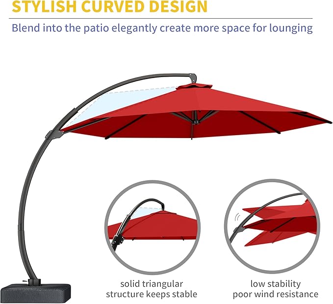 Kingdura 12ft Cantilever Patio Umbrella with Base Included, Large Round Offset Outdoor Pool Umbrella, 360° Rotation & Infinite Tilt, Heavy Duty Aluminum Frame for Deck Backyard, Red