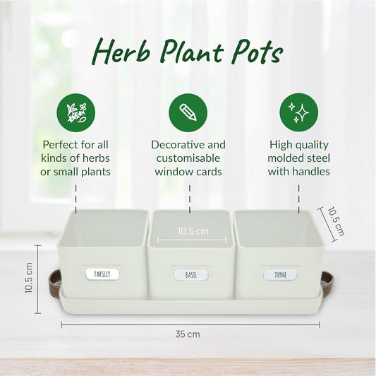 Herb Planter Indoor - Set of 3 Warmstone Indoor Herb Garden Pots for Plants with Leather Handled Tray - Window Sill Plant Shelf - Herb Pots with Drainage Holes and Labels