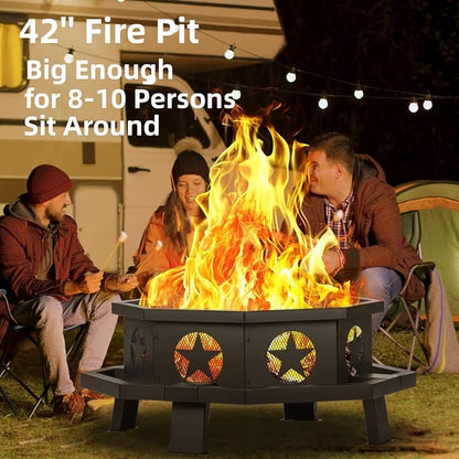 42 inch Fire Pit for Outside, Heavy Duty Wood Burning Fire Pits with Fire Poker, Outdoor Octagonal Firepit for Camping, Yard, Patio