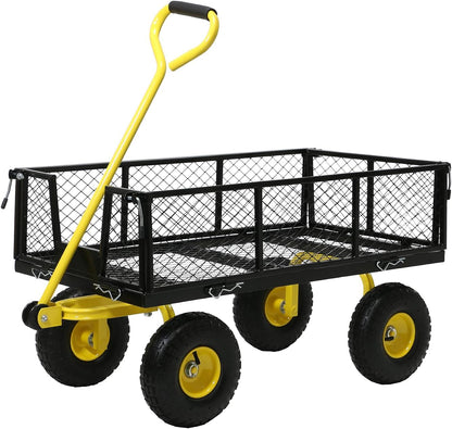 Steel Garden Cart, 2-in-1 Heavy Duty Utility Wagon 900 LBS Capacity Carts with Removable Mesh Sides to Convert into Flatbed, 240° U-Turn 10" Pneumatic Tires Garden Wagon for Lawn Camping Farm Yard