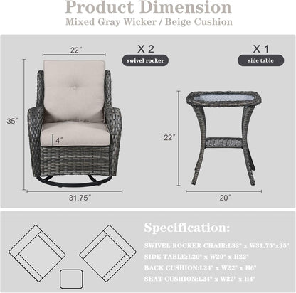 3 PCS Patio Furniture Set - Mixed Grey Wicker Swivel Rocking Chairs with Side Table, Furniture Set for Outdoor