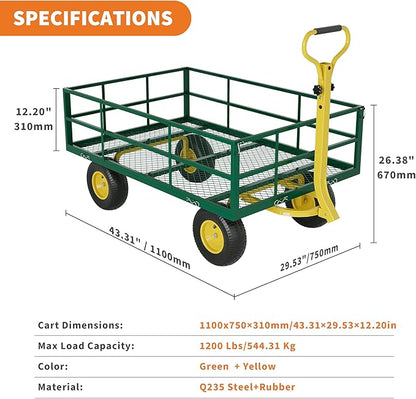 1200LB Capacity Garden Cart, 3-in-1 Heavy Duty Utility Wagon with 13" All-Terrain Tires, Removable Mesh Sides & 180° Swivel Handle - Outdoor Yard Cart for Gardening, Farming, Patio Use