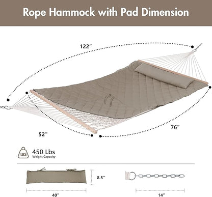 ANOW 2 Person Hammock with Spreader Bars, Rope Hammock with Pad for Outside, 450 LBS Weight Capacity, Light Brown