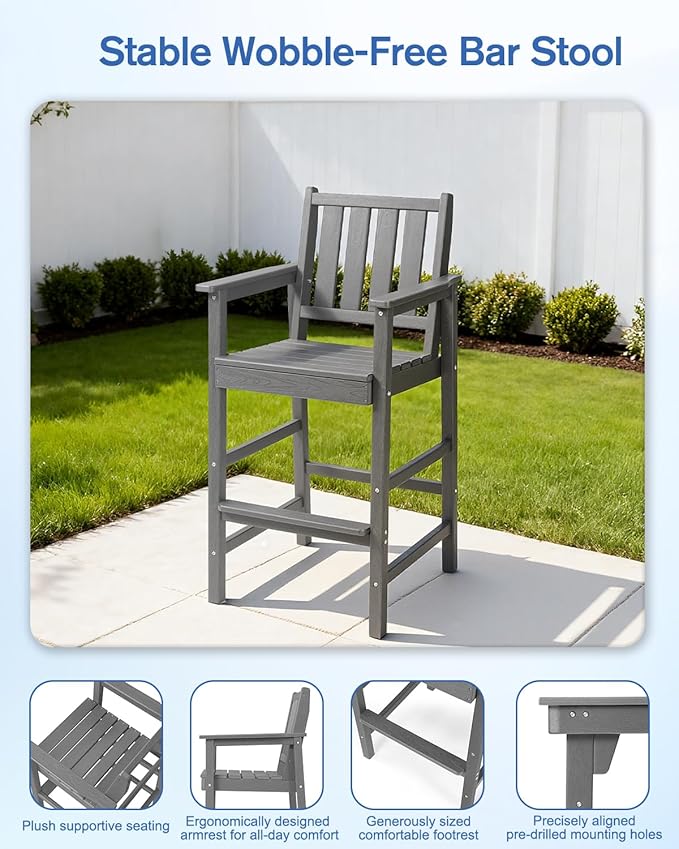 QUASCO Outdoor Adirondack Chairs and Table 3-Piece Sets, Adirondack Bar Table and Height Chairs Set of 2, HDPE Outdoor Bar Stools Set for Bistro, Patio, Balcony, Poolside, Grey