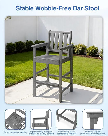 QUASCO Outdoor Adirondack Chairs and Table 3-Piece Sets, Adirondack Bar Table and Height Chairs Set of 2, HDPE Outdoor Bar Stools Set for Bistro, Patio, Balcony, Poolside, Grey