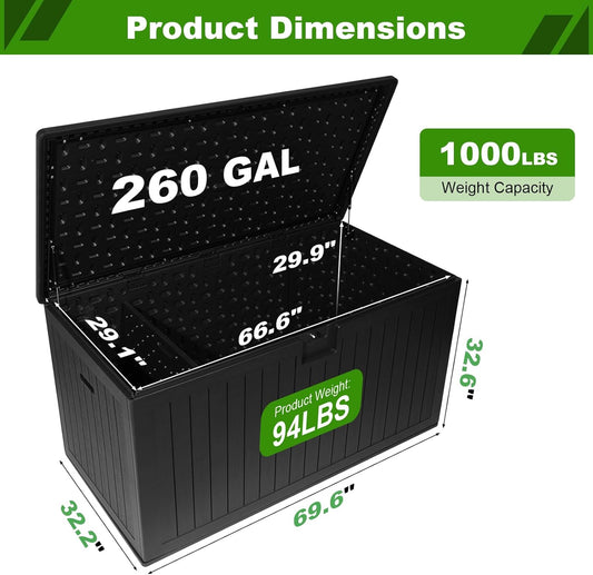 320 Gallon Outdoor Storage Box Waterproof, Extra Large Plastic Outside Deck Box Weatherproof, Resin Outdoor Cushion Storage Container with Lock and Lids for Cushion and Pool Equipment, Black