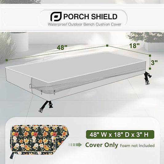 Porch Shield Outdoor Bench Cushion Cover – Waterproof Swing Cushion Cover for Patio Furniture Loveseat (Not Insert) Floral Black 48" W x 18" D x 3" H