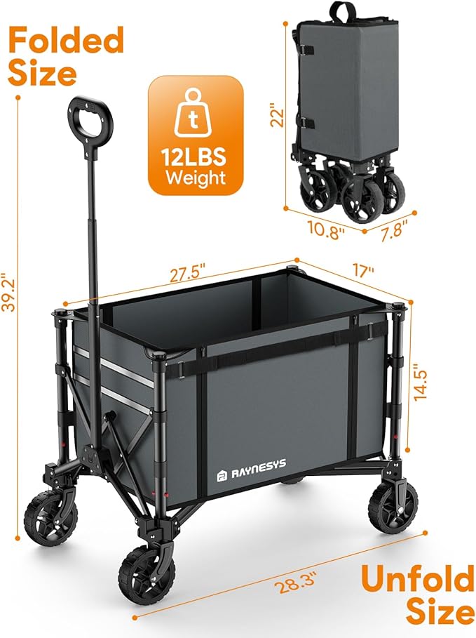 Collapsible Wagon Cart with Wheels 220lbs Foldable Wagon 120L Shopping Cart for Groceries Folding Utility Wagon for Beach, Garden, Camping, Sport, Apartment, Wheelbarrows, Gray