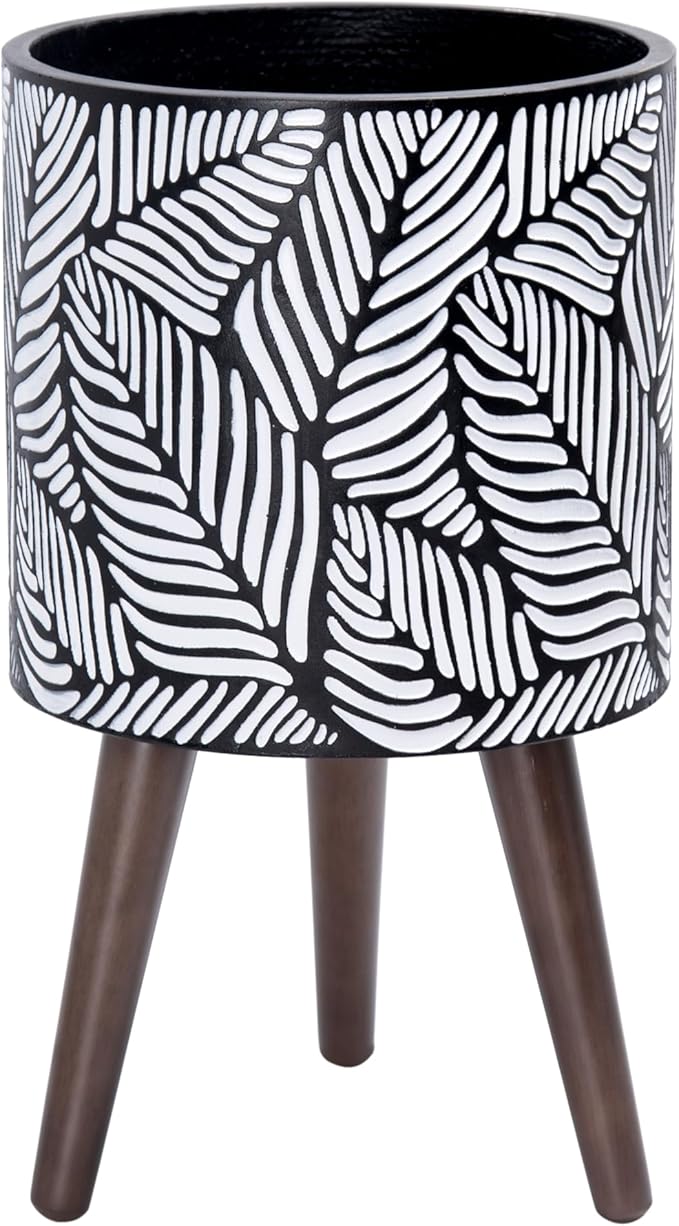 D'vine Dev 10 Inch Planter Pot with Stand, Mid-Century Tall Plant Pot with Legs for Indoor Plants, Medium, White/Grey, 88-L-B-7