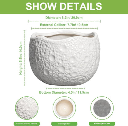Ceramic Plant Pot - 8 Inch Round Planter with Drainage Hole, Decorative Plant Pots for Indoor Outdoor Plants, Modern Unique Flower Pots, House Living Room Decor, Housewarming Gifts, White