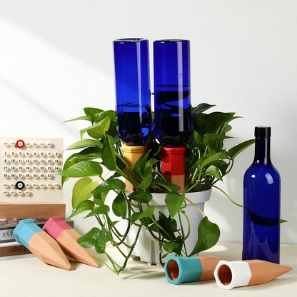6 Sets Plant Watering Devices Include Terracotta Self Watering Spikes and 26 oz Plastic Bottles, Slow Release Vacation Insert Automatic Plant Waterer Device (Blue and Mixed Color)