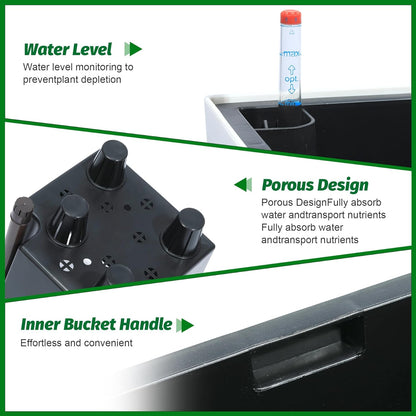 16" Tall Planters Set of 2, Outdoor＆Indoor Black Planter Pots, High Front Porch Planter Pots with Drainage Holes＆Water Level Monitor＆Inner Bucket, Automatic Watering,White