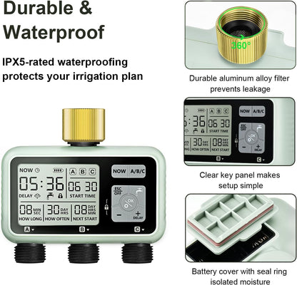 Watering Timer 3 Zone with Brass Inlet, Sprinkler Timer, Programmable Garden Outdoor Hose Faucet Timers with Rain Delay, Auto & Manual Watering System,Water Hose Irrigation Timers 3 Outlet for Garden