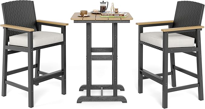3 Pieces Outdoor Bar Set, All-Weather Bistro Table and 2 Bar Stools with Wicker Backrest and Comfy Cushion, Outdoor Patio Bistro Height Table and Chairs Sets, for Deck, Backyard and Garden