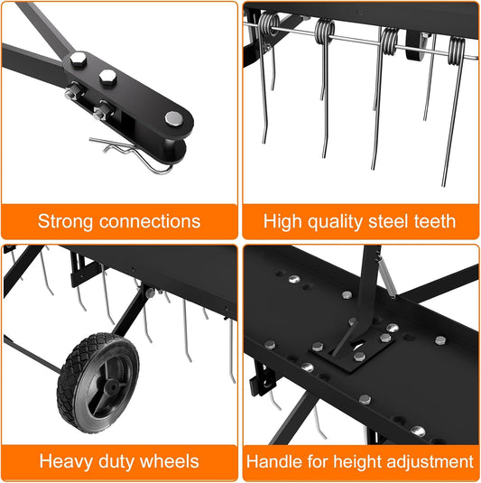 40" Tow Behind Lawn Dethatcher, Pull Behind Rake with 24 Rust-Proof Tines and Heavy Tires, Lawn Tractor Rake with Lift Handle, Black Tow Behind Rakes to Remove Thatch, Leaves from Large Lawn Area