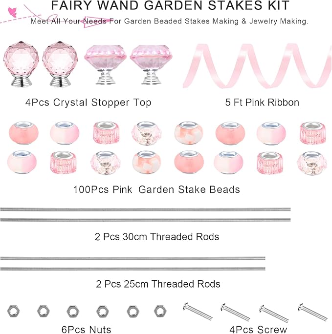 119 Pcs Garden Stake DIY Fairy Wand Plant Stake with Pink Large Hole Beads Crystal Diamond Stopper Top 4 Stainless Steel Threaded Rod Beaded Garden Stakes for Outdoor Indoor Yard Patio Decorations