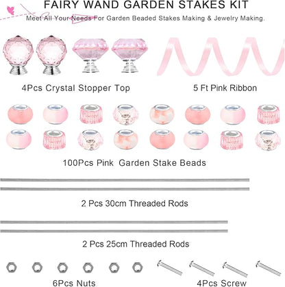 119 Pcs Garden Stake DIY Fairy Wand Plant Stake with Pink Large Hole Beads Crystal Diamond Stopper Top 4 Stainless Steel Threaded Rod Beaded Garden Stakes for Outdoor Indoor Yard Patio Decorations