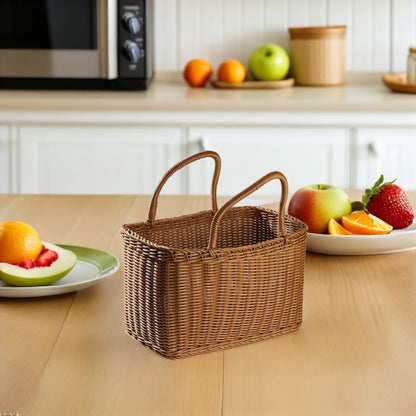 Alipis Decorative Woven Basket with Handle, Brown Plastic Rattan Flower Arrangement Basket for Storage, Picnic, Home Decor, Fruits, Vegetables, Camping, Weddings