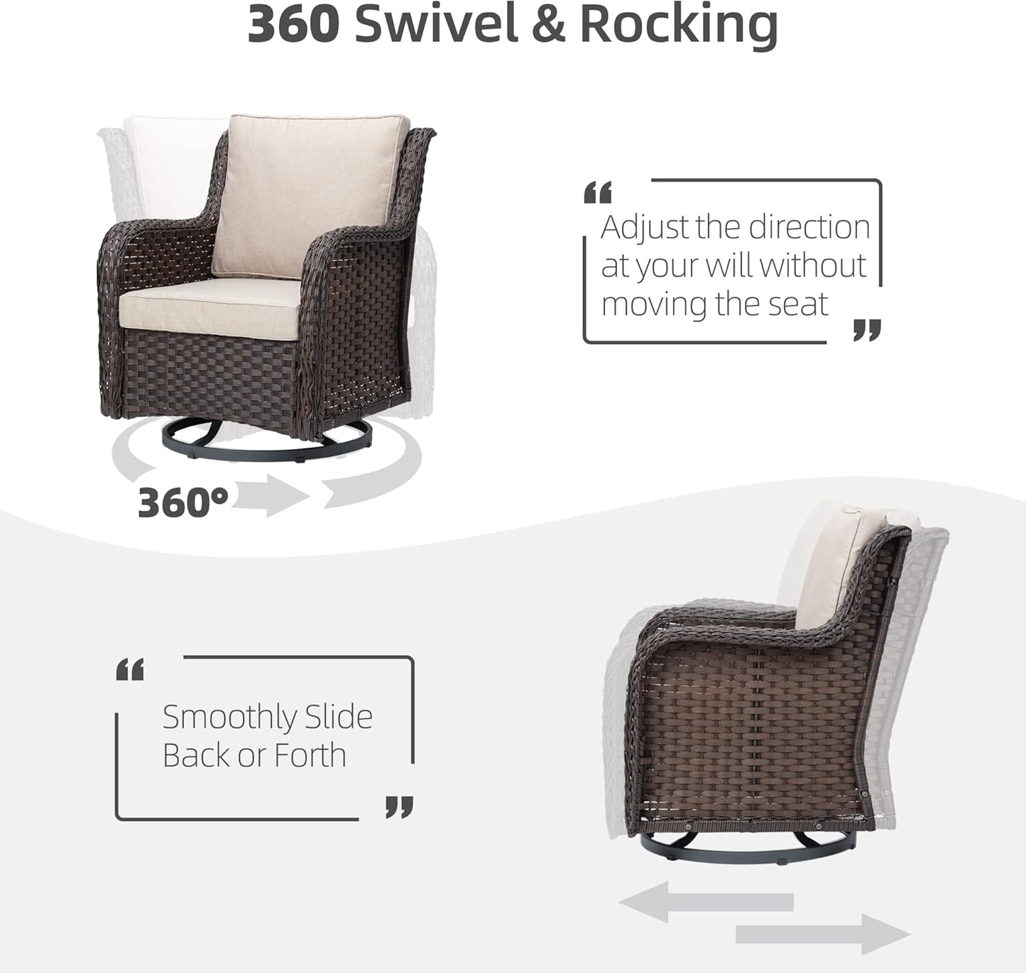 Towallmark Outdoor Swivel Wicker Glider Patio Chairs with Table Set, 3 Pieces Outdoor Bistro Set with 4”Thick Cushions and Coffee Table for Porch, Balcony, Deck (Beige)