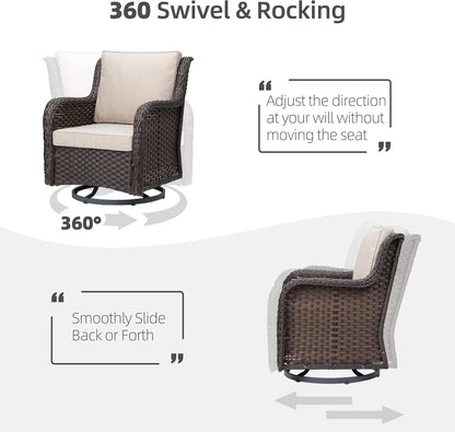 Towallmark Outdoor Swivel Wicker Glider Patio Chairs with Table Set, 3 Pieces Outdoor Bistro Set with 4”Thick Cushions and Coffee Table for Porch, Balcony, Deck (Beige)