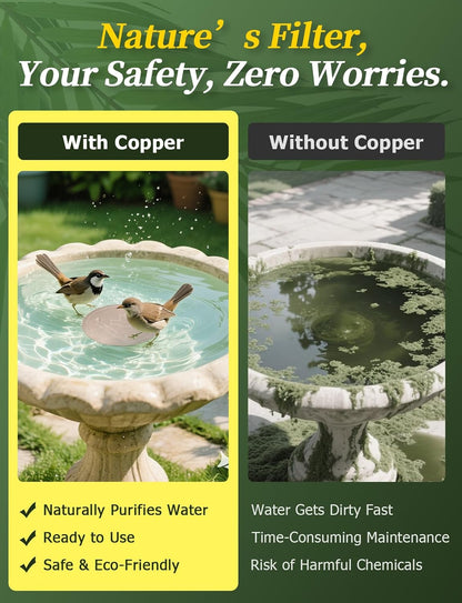 Mellbree 2-Pack Bird Bath Copper Disk, 0.6mm Reinforced 99.99% Pure Copper Cleaning Disk with Triple-Point Support for Physical Safe Clean Water All-Season, Universal Fit for Outdoor Birdbaths, Bowl