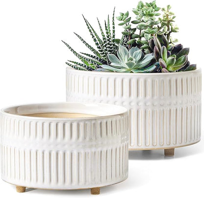 LE TAUCI Succulent Planters, 6.5+8 Inch Ceramic Indoor Plant Pot with Drainage Hole, Shallow Round Succulent Pots, Set of 2, Reactive Glaze White