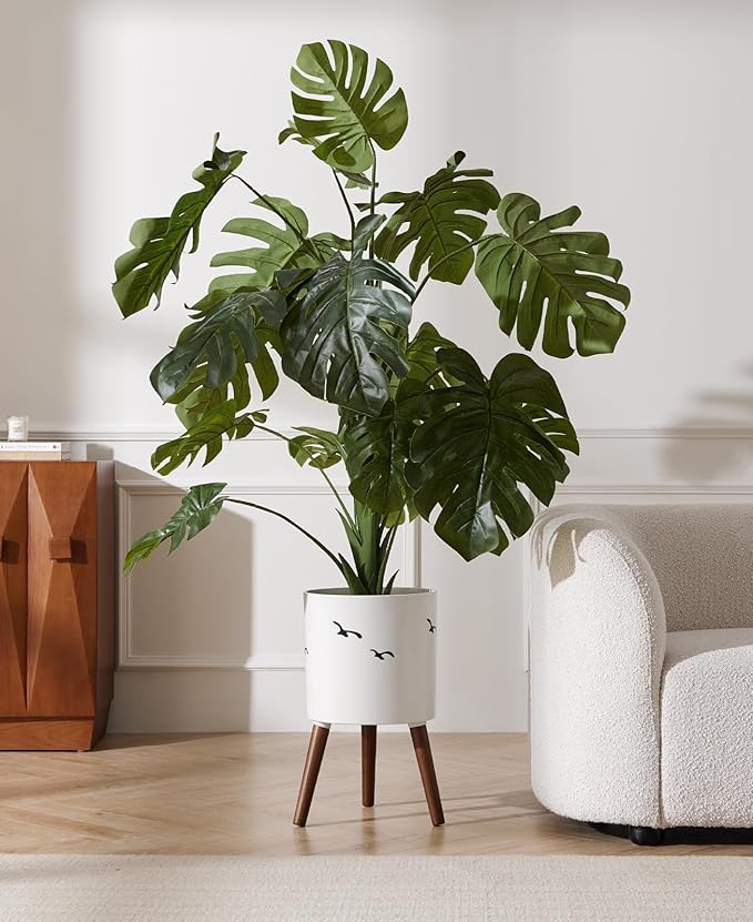 naclto 12 Inch Planter Pot with Stand,Large Modern Plant Pot for Indoor Plants,Flower Pot Indoor Outdoor with Drainage for Home Garden Patio, White and Black