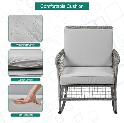 DECMICO 3-Piece Wicker Rocking Chair Set, Patio Bistro Furniture with Cushions & Side Table, Rattan Outdoor Conversation Bistro Set for Outdoor Use, Grey