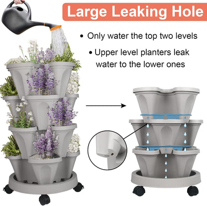 DUNCHATY Stackable Planter, Vertical Garden Planter with Wheels and Tools, Self Watering Strawberry Planter Indoor/Outdoor 4 Tier Herb Planter Pots for Growing Vegetables and Succulents,Gray