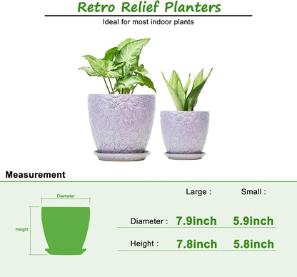 8 Inch + 6 Inch Retro Ceramic Planter Set of 2 with Drainage Hole and Saucer for Multiple Plants, Indoor-Outdoor Garden Pots for Succulent, Orchid, and Flower (Retro Purple)