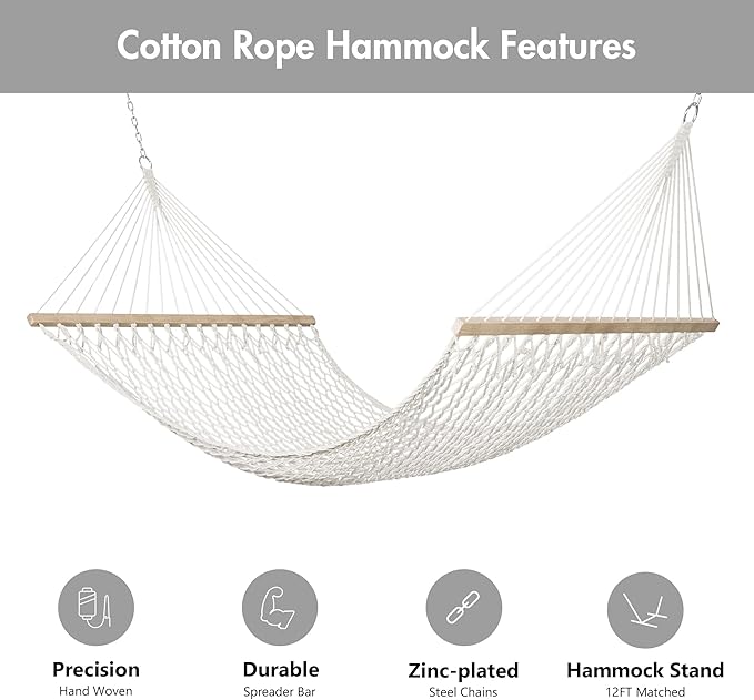 ANOW Outdoor Rope Hammock with Spreader Bars, Heavy Duty Hammock with Pad for Outdoors, 450 LBS Weight Capacity, Cream