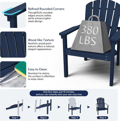 Stackable Adirondack Chair Set of 2, HDPE Outdoor Patio Chair - Durable and Space Saving, Suitable for Porches, Lawns or Garden, Navy