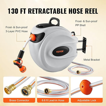 VEVOR Retractable Hose Reel, 130 ft x 1/2 inch, Garden Water Hose Reel with 9-Pattern Nozzle, 180° Swivel Bracket Wall-Mounted, Automatic Rewind, Lock at Any Length, with Slow Return System