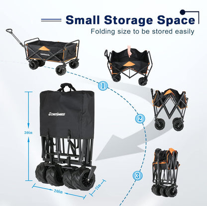 EchoSmile Heavy Duty 350 Lbs Capacity Collapsible Wagon, Outdoor Folding Camping Wagons, Grocery Portable Utility Cart, Adjustable Rolling Carts, All Terrain Sports Wagon with Big Wheels by Boahaus