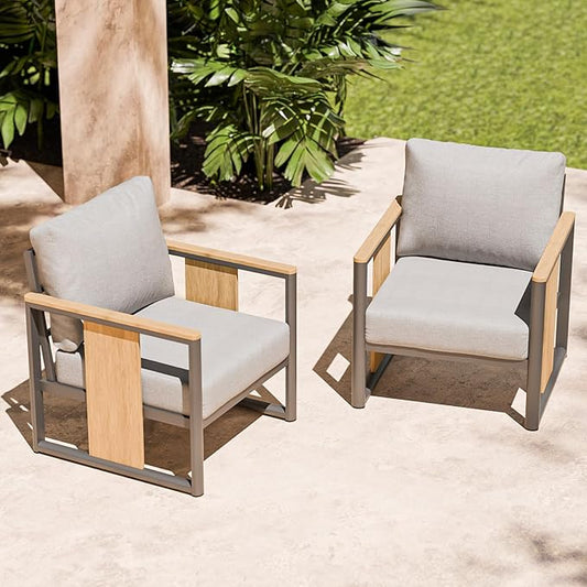 ZANDOR Aluminum Outdoor Patio Furniture Set – 2 Pcs Armchair with Washable Thick Cushions,All-Weather Modern Metal Furniture for Garden,Backyard,Porch,Grey
